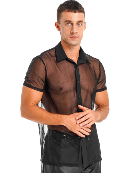 See Through Mesh Short Sleeve Turn-Down Collar Button Sheer Shirt