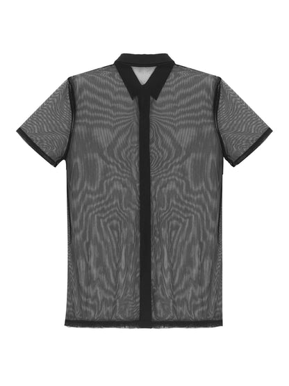 See Through Mesh Short Sleeve Turn-Down Collar Button Sheer Shirt