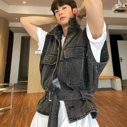 Sleeveless Cargo Casual Denim Vest  Waistcoat Loose Jean Gilet Jacket