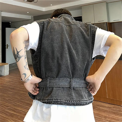 Sleeveless Cargo Casual Denim Vest  Waistcoat Loose Jean Gilet Jacket