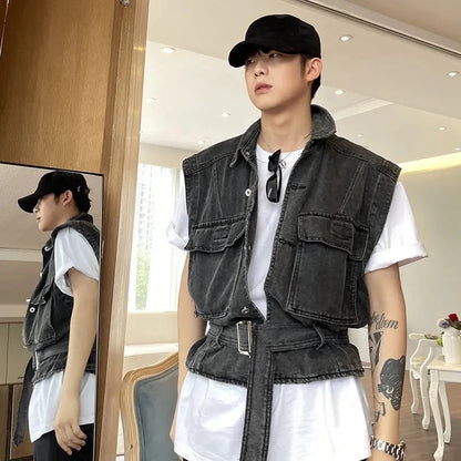 Sleeveless Cargo Casual Denim Vest  Waistcoat Loose Jean Gilet Jacket