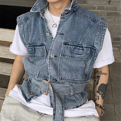 Sleeveless Cargo Casual Denim Vest  Waistcoat Loose Jean Gilet Jacket