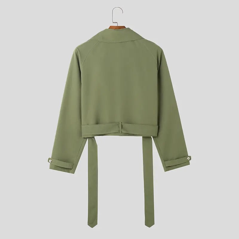 Lapel Long Sleeve Solid Color Crop Coat Loose Casual Jackets With Belt
