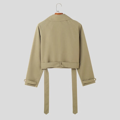 Lapel Long Sleeve Solid Color Crop Coat Loose Casual Jackets With Belt