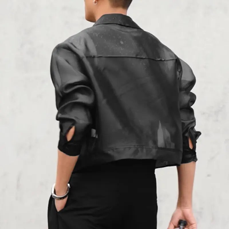 Zipper Mesh Lapel Long Sleeve Crop Transparent Solid Jacket