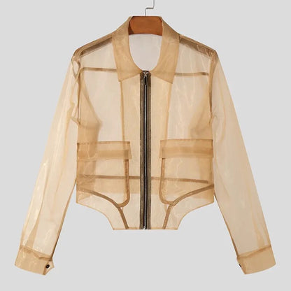 Zipper Mesh Lapel Long Sleeve Crop Transparent Solid Jacket