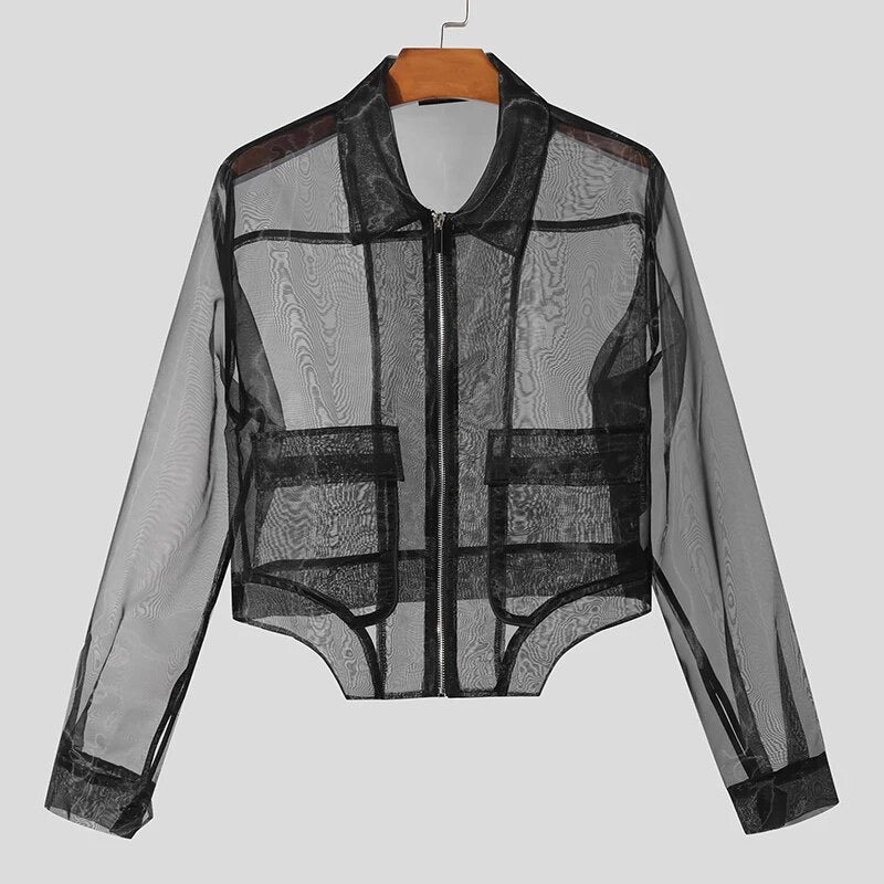 Zipper Mesh Lapel Long Sleeve Crop Transparent Solid Jacket
