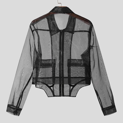 Zipper Mesh Lapel Long Sleeve Crop Transparent Solid Jacket