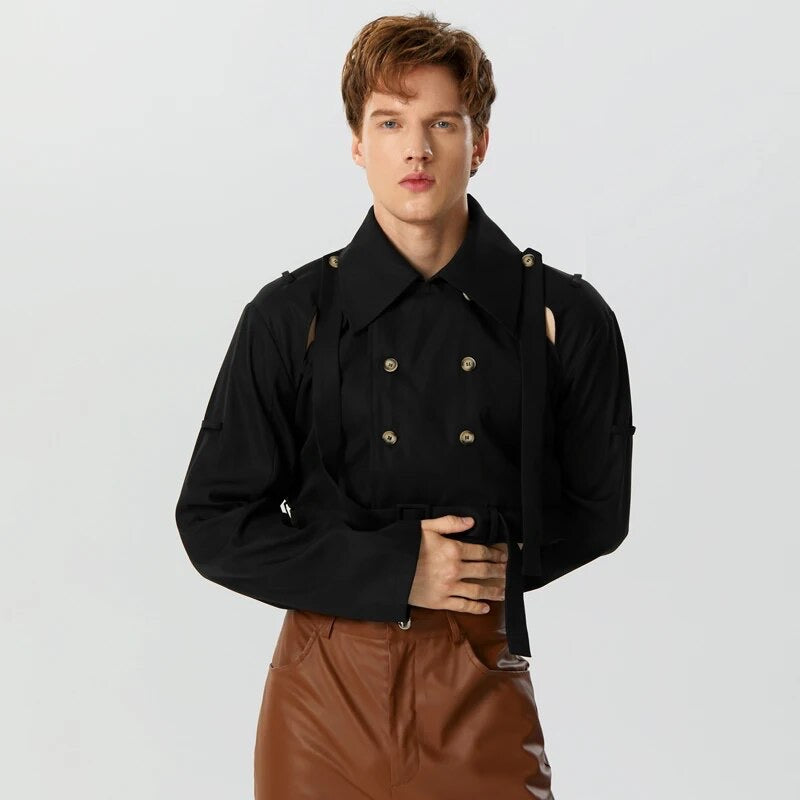 Trench Solid Hollow Out Lapel Long Sleeve Double Breasted Crop Lace Up Windbreaker