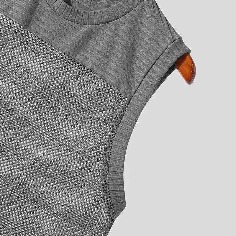 Tank Top Mesh Patchwork Transparent Breathable O-neck Sleeveless Vest Shirt