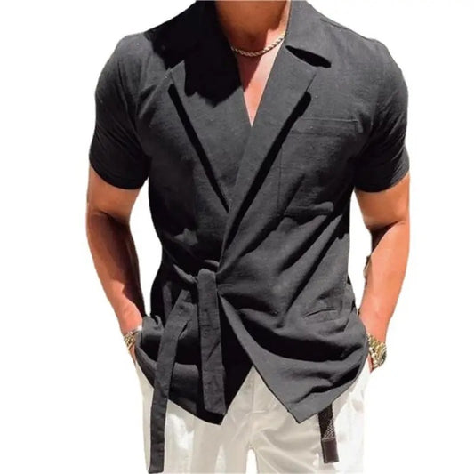 Solid Color Short Sleeved Lapel Strap Loose Casual Simple Shirt