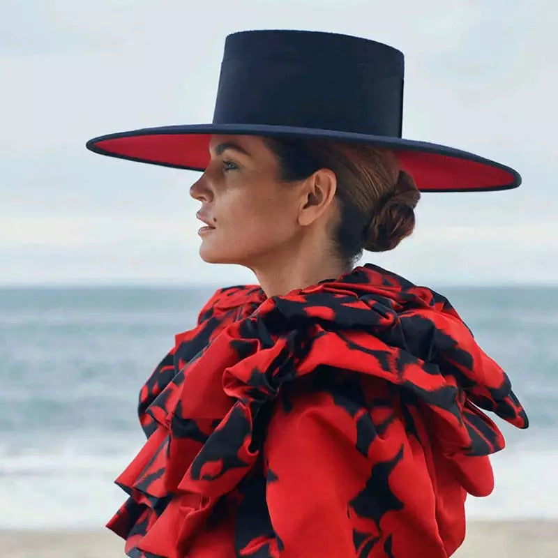 Classical Unisex Wide Brim Splice Two Tone Wool Fedora Wide Brim Red Black Derby Dress Hat