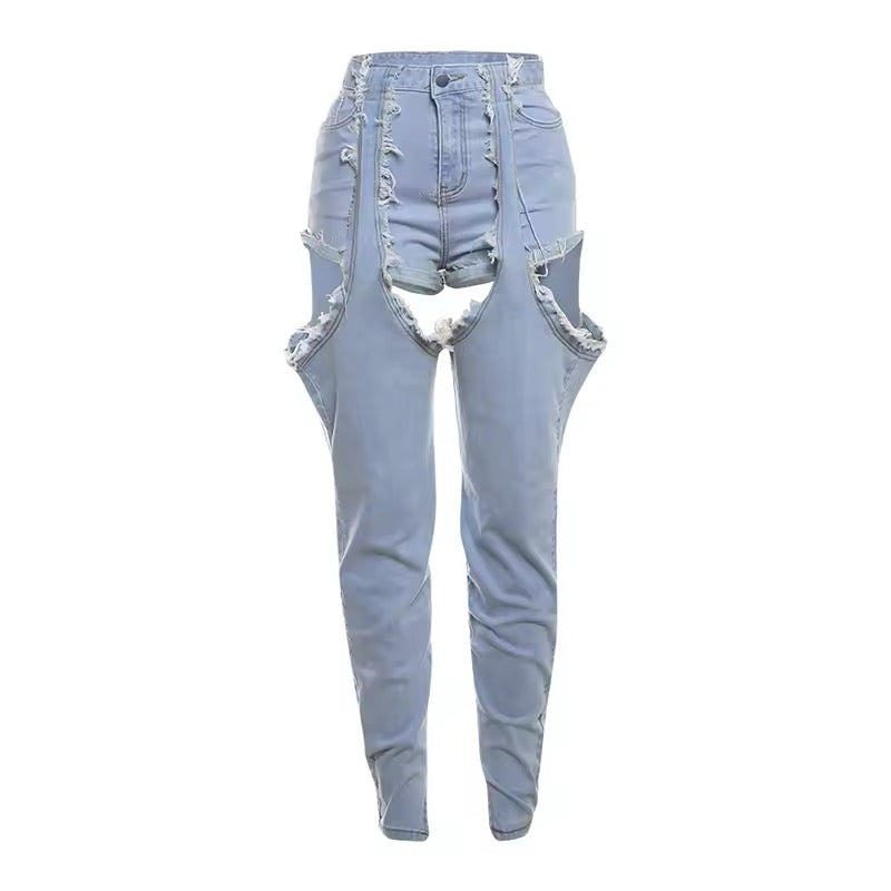 Wide leg distress denim jeans