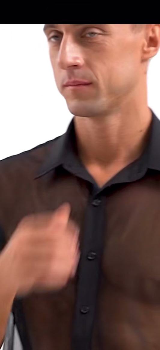 See Through Mesh Short Sleeve Turn-Down Collar Button Sheer Shirt