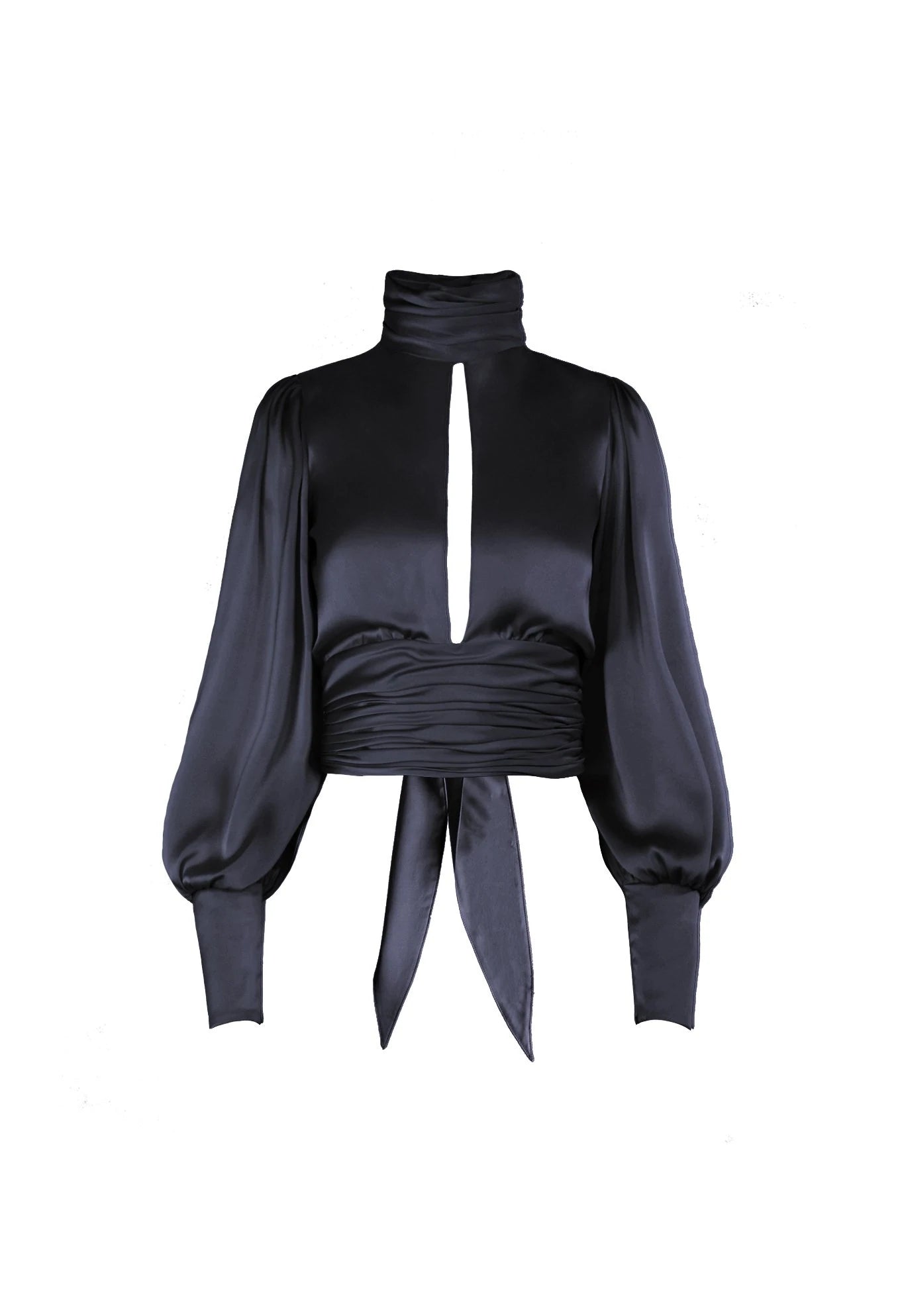 Pleated High Neck Hollow Out Open Back Long Sleeve Pleated Blouse