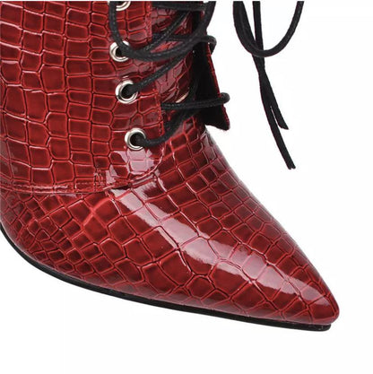 Lace Up High Heel Snake Boots.