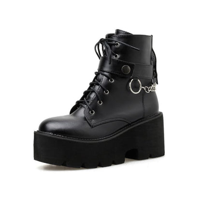 Belt Buckle Metal side chain Zipper Thick Heel Boots.