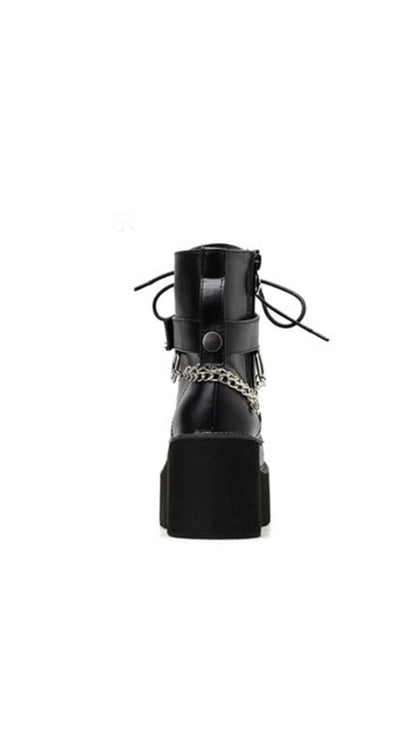 Belt Buckle Metal side chain Zipper Thick Heel Boots.