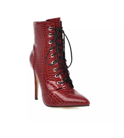 Lace Up High Heel Snake Boots.