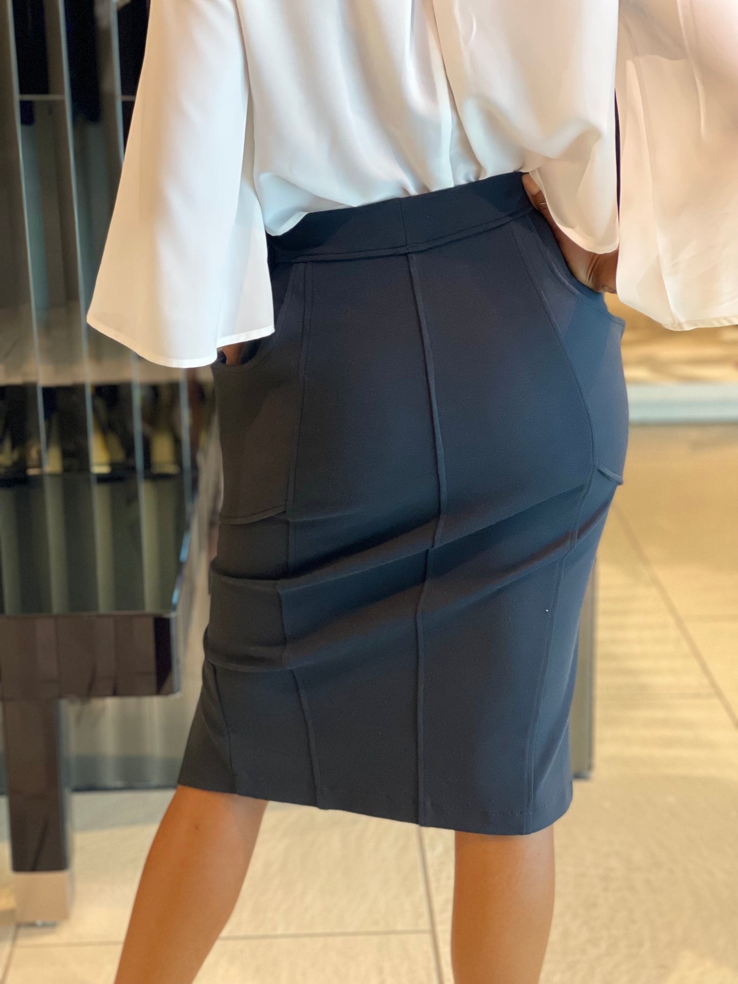 Plunge Pocket Double-Slit Pencil Skirt.