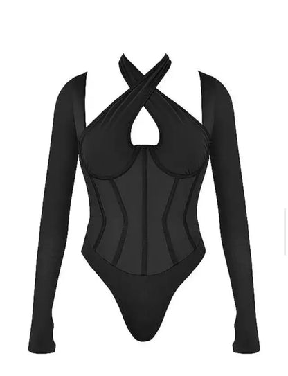 Mesh See Through Slim Long Sleeve High Waist Hollow Out Cross Collar Bodysuit