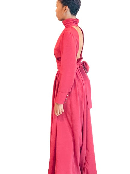 Turtleneck Hollow Out Backless Long Sleeve Pleated Dress
